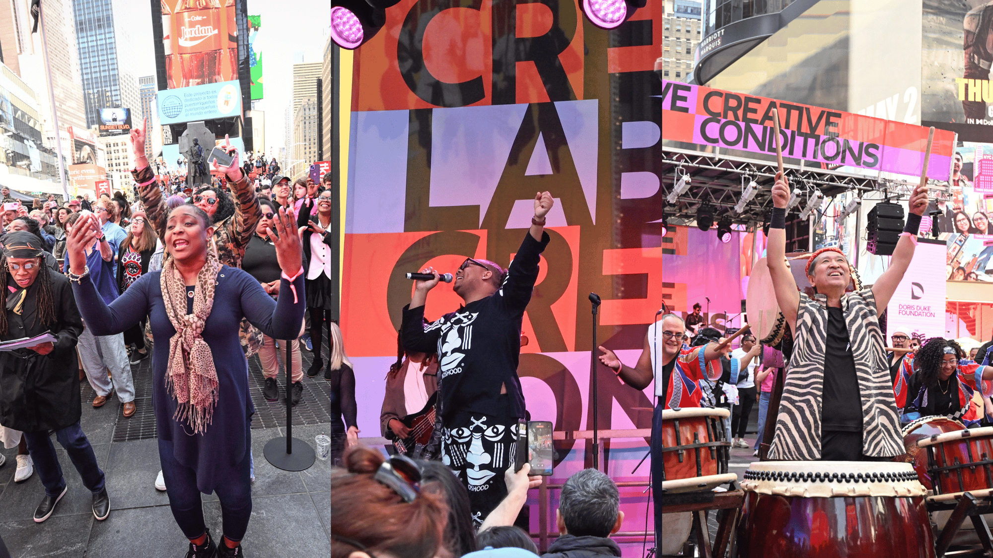 A group of photos of people participating in Creative Labor, Creative Conditions events.